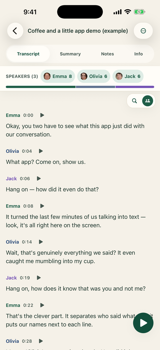 Vocatim on iPhone showing an example transcript with speaker labels