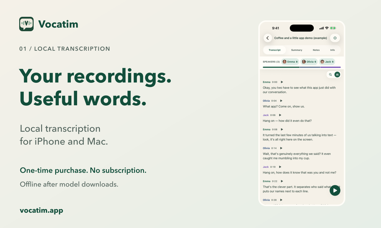 Vocatim gallery graphic: local transcription for iPhone and Mac, with an actual iPhone transcript screenshot